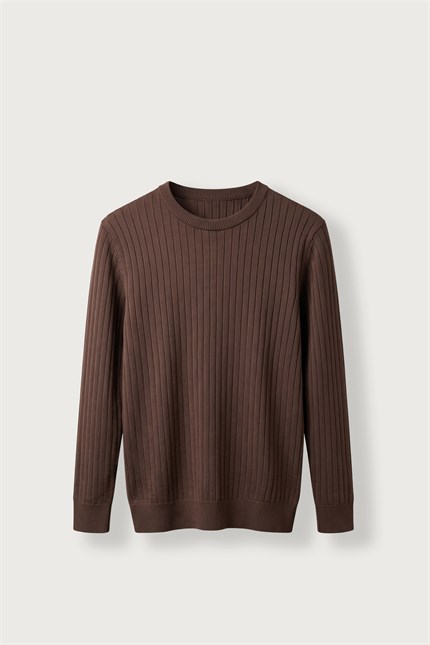 Erkek Slim Fit Fitilli Bisiklet Yaka Triko Kazak Kahverengi