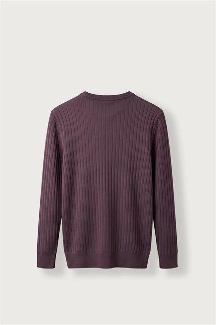 Erkek Slim Fit Fitilli Bisiklet Yaka Triko Kazak Bordo