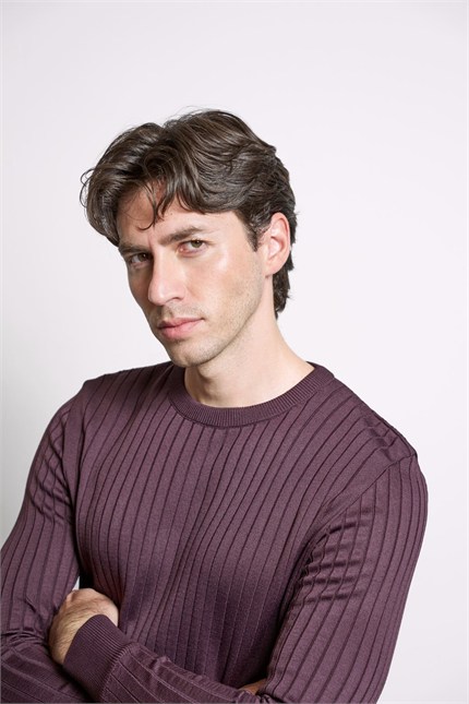 Erkek Slim Fit Fitilli Bisiklet Yaka Triko Kazak Bordo