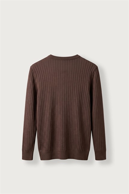 Erkek Slim Fit Fitilli Bisiklet Yaka Triko Kazak Kahverengi