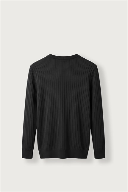 Erkek Slim Fit Fitilli Bisiklet Yaka Triko Kazak Siyah