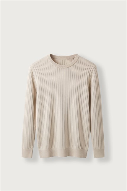 Erkek Slim Fit Fitilli Bisiklet Yaka Triko Kazak Bej