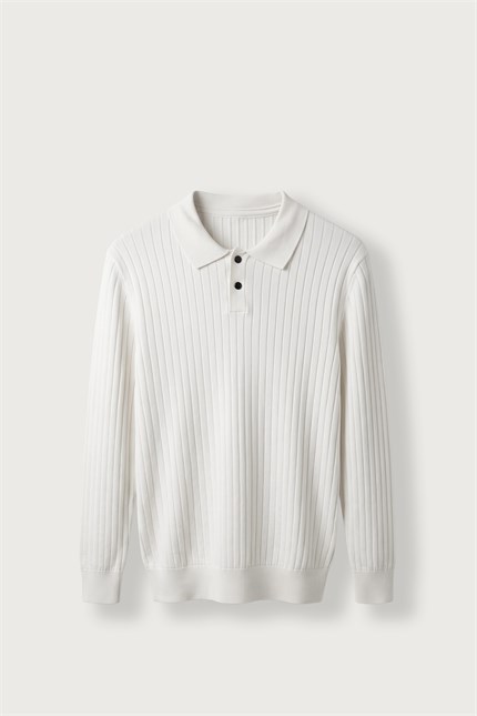 Erkek Slim Fit Fitilli Düğmeli Polo Yaka Triko Kazak Ekru