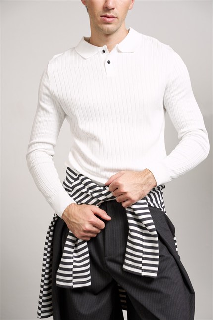Erkek Slim Fit Fitilli Düğmeli Polo Yaka Triko Kazak Ekru