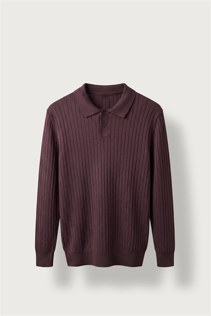 Erkek Slim Fit Fitilli Düğmeli Polo Yaka Triko Kazak Bordo