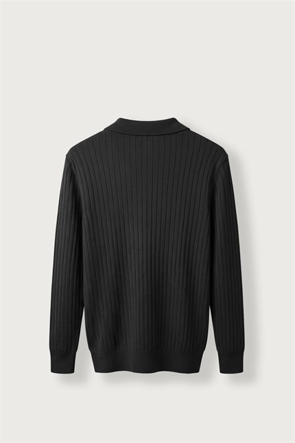 Erkek Slim Fit Fitilli Düğmeli Polo Yaka Triko Kazak Siyah
