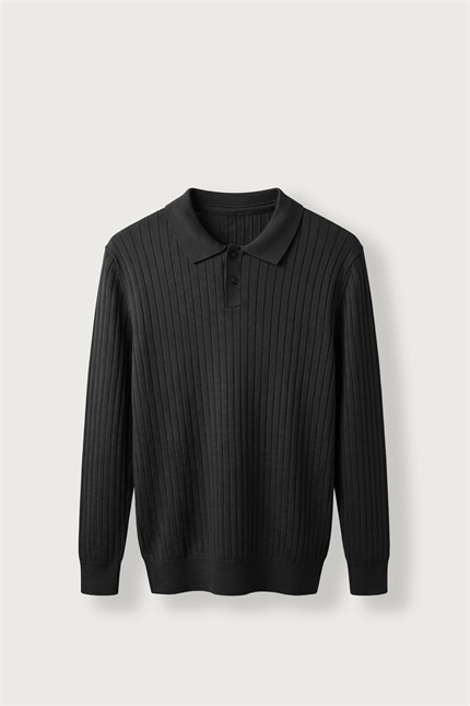 Erkek Slim Fit Fitilli Düğmeli Polo Yaka Triko Kazak Siyah