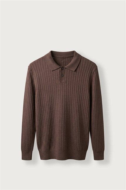 Erkek Slim Fit Fitilli Düğmeli Polo Yaka Triko Kazak Kahverengi