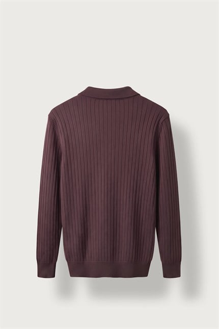 Erkek Slim Fit Fitilli Düğmeli Polo Yaka Triko Kazak Bordo