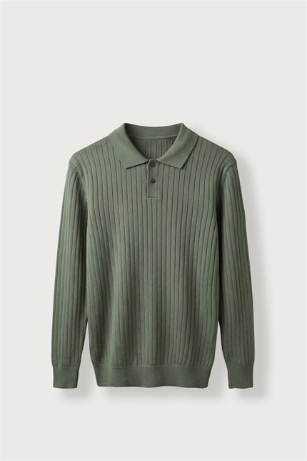 Erkek Slim Fit Fitilli Düğmeli Polo Yaka Triko Kazak Haki