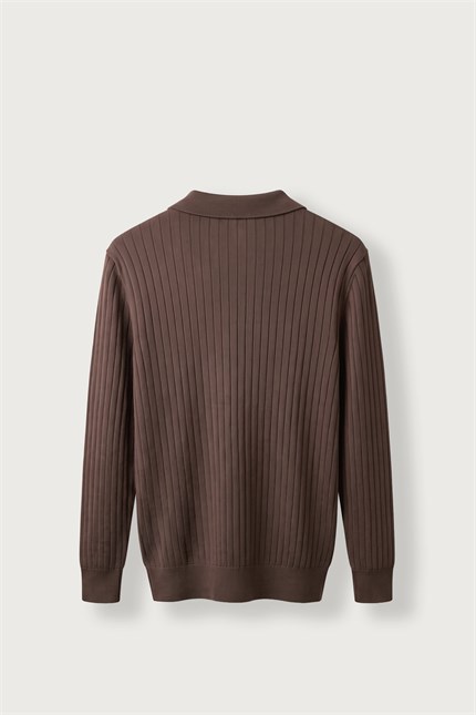 Erkek Slim Fit Fitilli Düğmeli Polo Yaka Triko Kazak Kahverengi