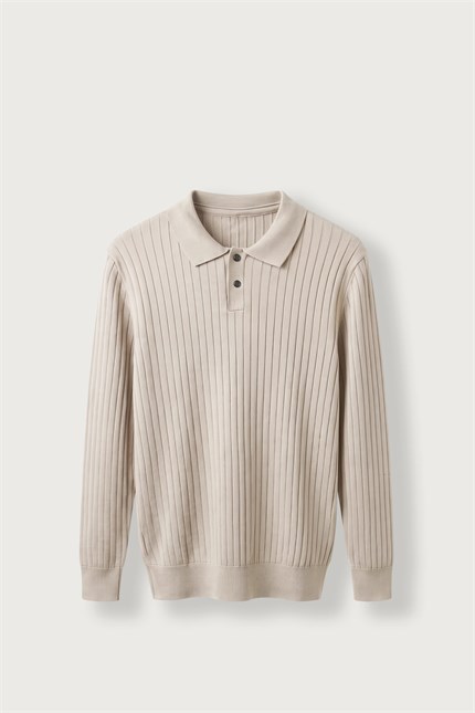 Erkek Slim Fit Fitilli Düğmeli Polo Yaka Triko Kazak Bej