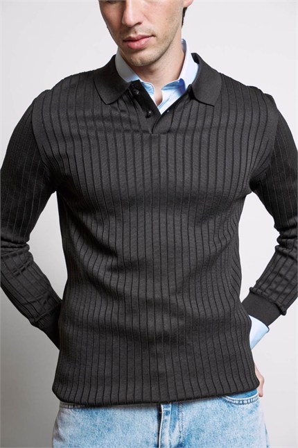 Erkek Slim Fit Fitilli Düğmeli Polo Yaka Triko Kazak Siyah