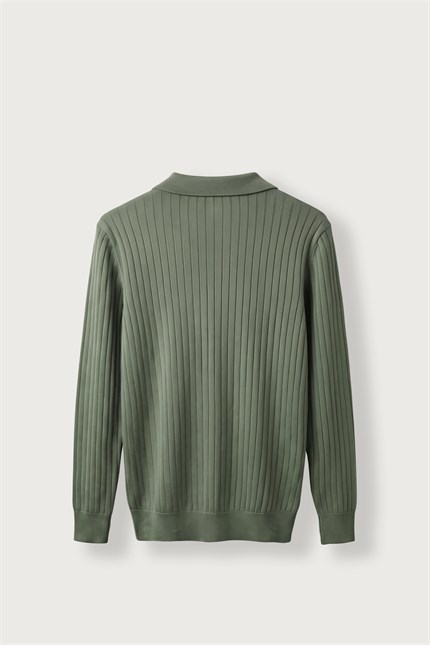 Erkek Slim Fit Fitilli Düğmeli Polo Yaka Triko Kazak Haki