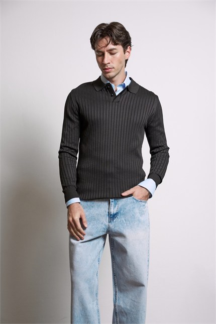 Erkek Slim Fit Fitilli Düğmeli Polo Yaka Triko Kazak Siyah