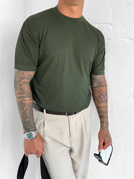 Erkek Slim Fit Fitilli T-Shirt Haki Yeşil