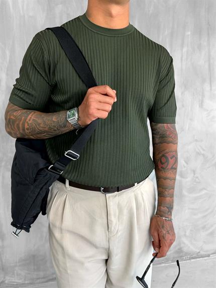 Erkek Slim Fit Fitilli T-Shirt Haki Yeşil