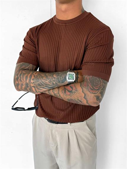 Erkek Slim Fit Fitilli T-Shirt Kahve