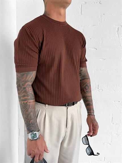 Erkek Slim Fit Fitilli T-Shirt Kahve