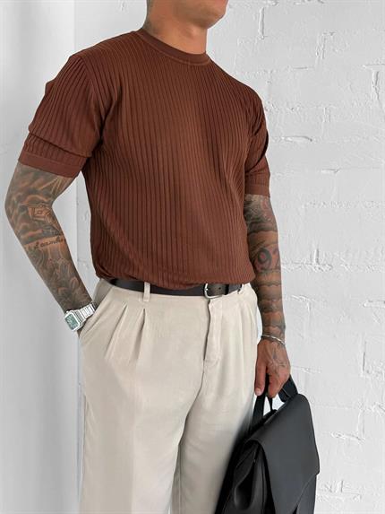 Erkek Slim Fit Fitilli T-Shirt Kahve