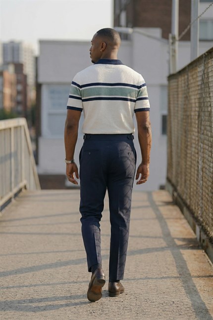 Erkek Slim Fit İtalyan Kesim Yan Tokalı Çift Düğmeli Pantolon Lacivert