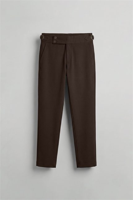 Erkek Slim Fit İtalyan Kesim Yan Tokalı Çift Düğmeli Pantolon Kahverengi