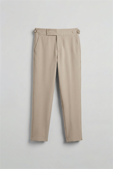 Erkek Slim Fit İtalyan Kesim Yan Tokalı Çift Düğmeli Pantolon Bej