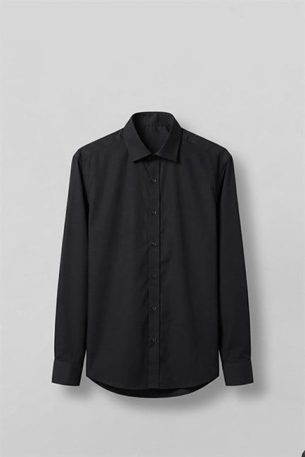 Erkek Slim Fit Pamuk Klasik Yaka Uzun Kollu Gömlek Siyah