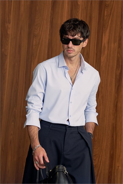 Erkek Slim Fit Pamuk Klasik Yaka Uzun Kollu Gömlek Mavi