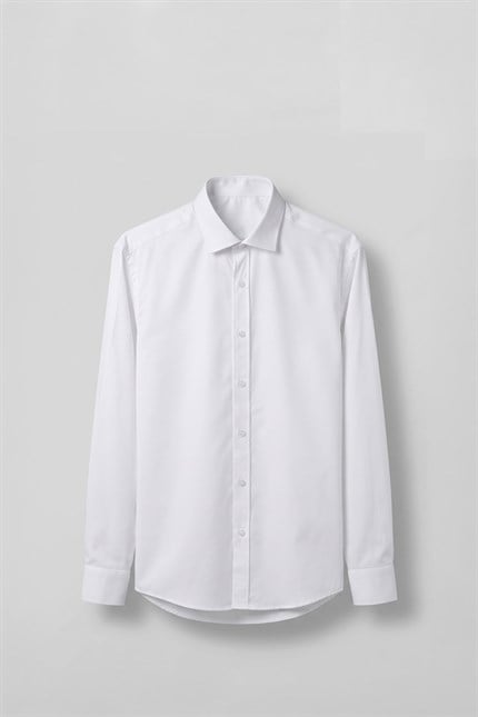 Erkek Slim Fit Pamuk Klasik Yaka Uzun Kollu Gömlek Beyaz
