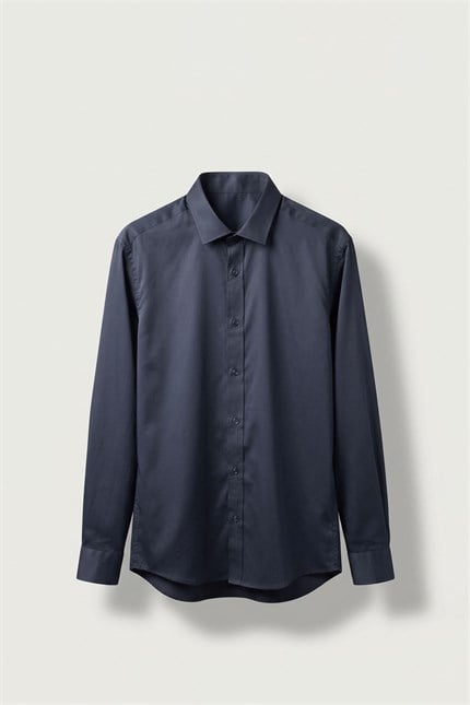 Erkek Slim Fit Pamuk Klasik Yaka Uzun Kollu Gömlek Lacivert