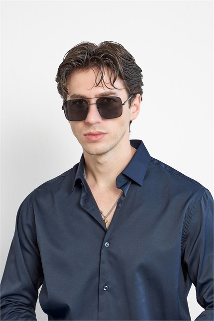 Erkek Slim Fit Pamuk Klasik Yaka Uzun Kollu Gömlek Lacivert