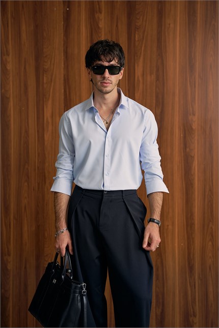 Erkek Slim Fit Pamuk Klasik Yaka Uzun Kollu Gömlek Mavi