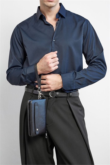 Erkek Slim Fit Pamuk Klasik Yaka Uzun Kollu Gömlek Lacivert