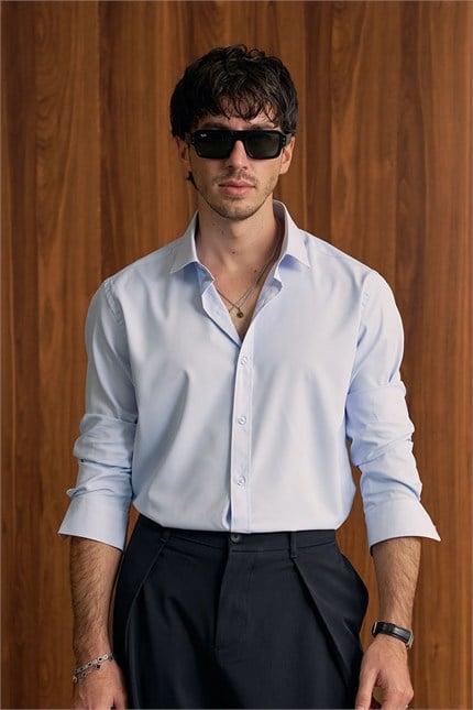 Erkek Slim Fit Pamuk Klasik Yaka Uzun Kollu Gömlek Mavi