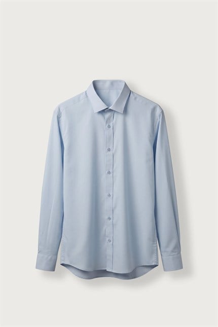 Erkek Slim Fit Pamuk Klasik Yaka Uzun Kollu Gömlek Mavi