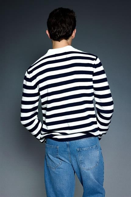 Erkek Slim Fit Polo Yaka Düğmeli Çizgili Kazak Lacivert