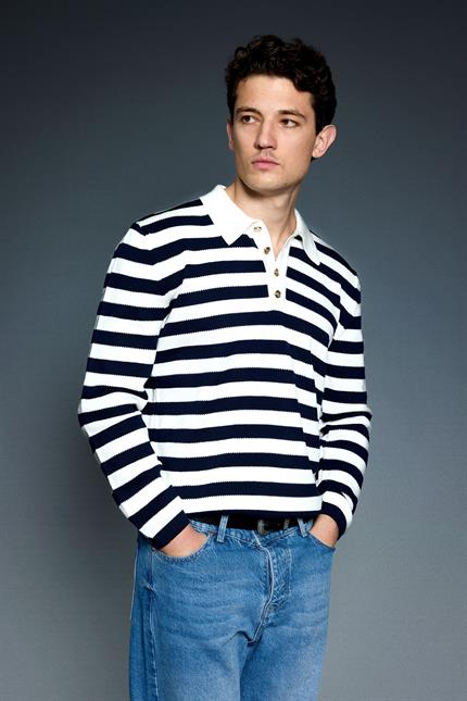 Erkek Slim Fit Polo Yaka Düğmeli Çizgili Kazak Lacivert