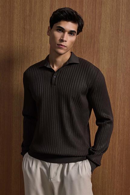 Erkek Slim Fit Polo Yaka Fitilli Örme Triko Kazak Kahverengi