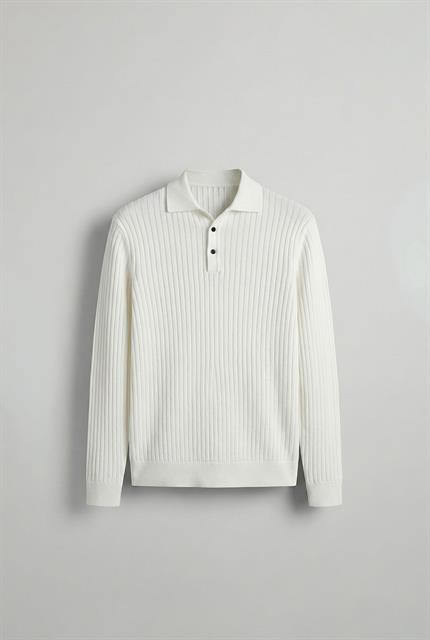 Erkek Slim Fit Polo Yaka Fitilli Örme Triko Kazak Ekru