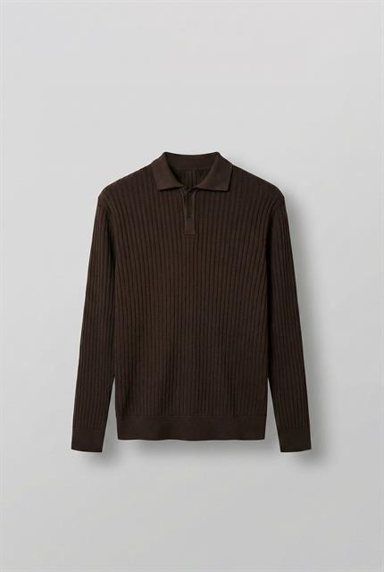 Erkek Slim Fit Polo Yaka Fitilli Örme Triko Kazak Kahverengi