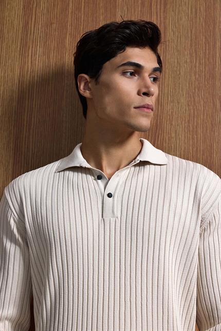 Erkek Slim Fit Polo Yaka Fitilli Örme Triko Kazak Taş Rengi