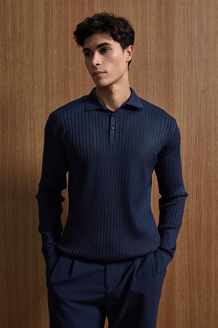 Erkek Slim Fit Polo Yaka Fitilli Örme Triko Kazak Lacivert