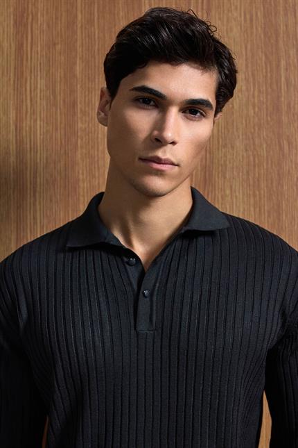 Erkek Slim Fit Polo Yaka Fitilli Örme Triko Kazak Lacivert