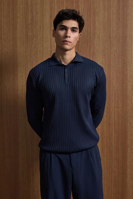 Erkek Slim Fit Polo Yaka Fitilli Örme Triko Kazak Lacivert