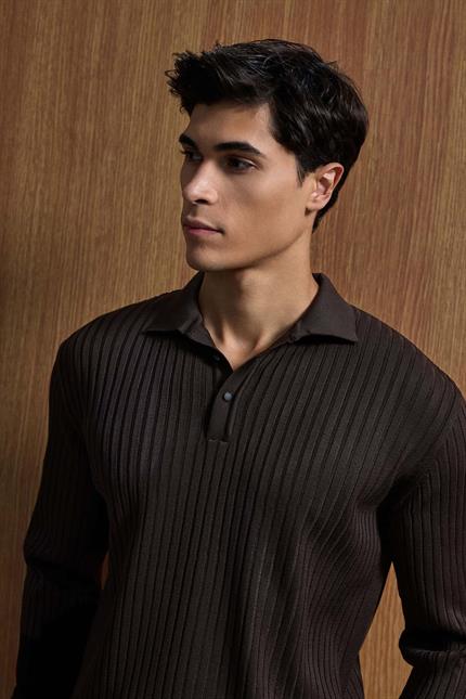 Erkek Slim Fit Polo Yaka Fitilli Örme Triko Kazak Kahverengi