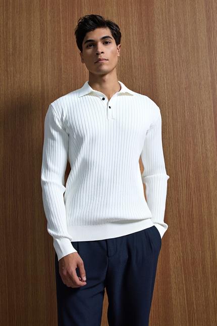 Erkek Slim Fit Polo Yaka Fitilli Örme Triko Kazak Ekru