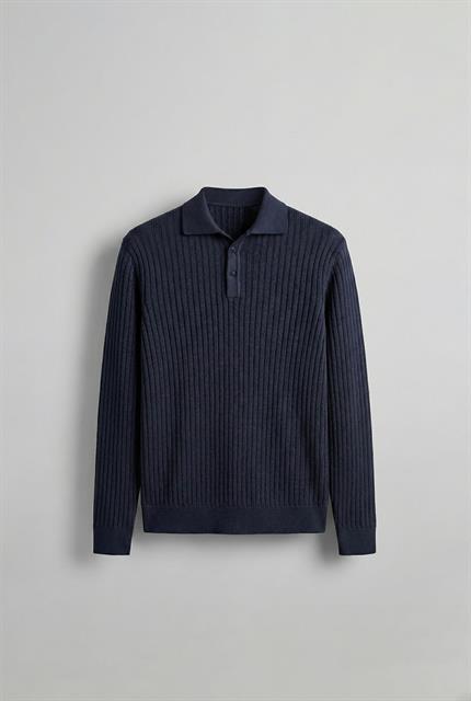 Erkek Slim Fit Polo Yaka Fitilli Örme Triko Kazak Lacivert