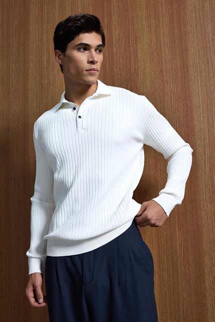 Erkek Slim Fit Polo Yaka Fitilli Örme Triko Kazak Ekru