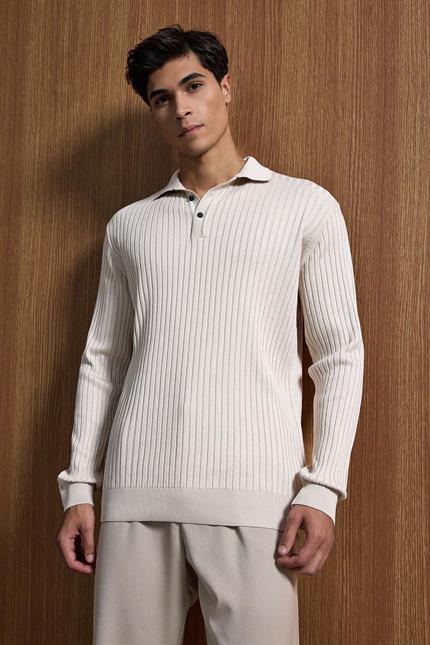 Erkek Slim Fit Polo Yaka Fitilli Örme Triko Kazak Taş Rengi